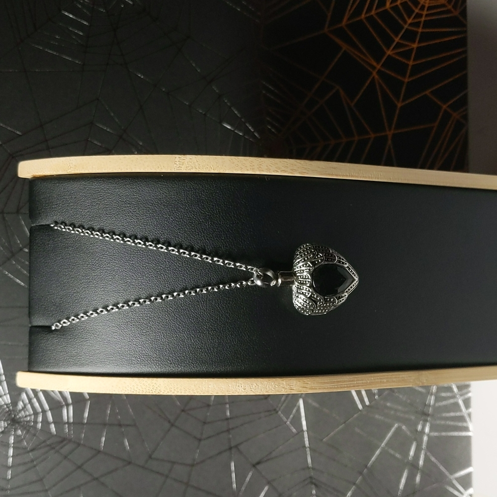 Silver Angel Wing Heart Necklace with Black Gemstone